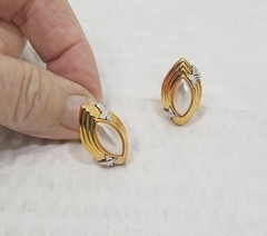 New! Gold Tone and Faux Pearl Cabochon Marquise-Shaped Clip On Earrings