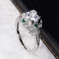 Art Deco Round Lab Created Diamond & Emerald Wedding 14K White Gold Finish Ring