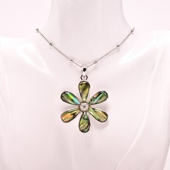 LIA SOPHIA Original Vintage Signed Abalone Flower Lily Pendant Silver Necklace