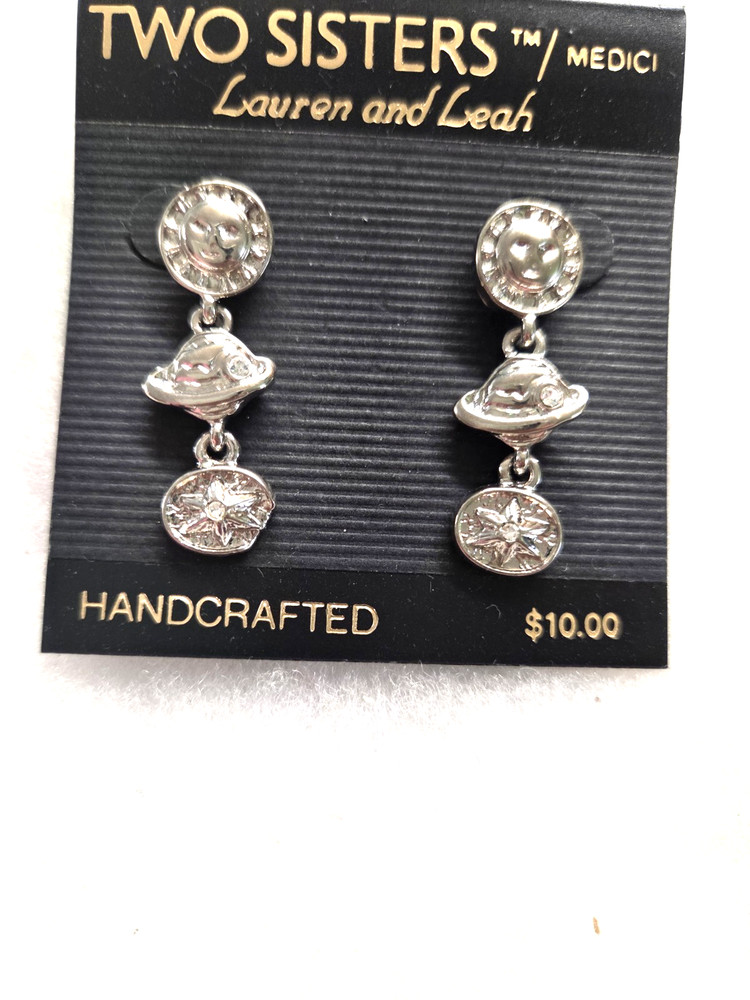 Vtg Two Sisters silver tone Sun world star rhinestone pierced Earrings