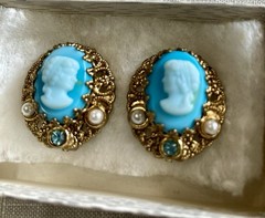 West Germany Vintage Blue & White Oval Cameo Clip-On Earrings
