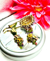 Vtg RARE 3 Pc Demi-Parure Set Designer Edward Swoboda Gemstone Brooch/Earrings