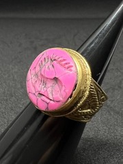 Rare Ancient Bronze Ring Carved Pink Howlite Eastern King Antique Size 7.5 US