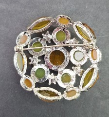 Vintage Round Rhinestone Brooch Green Amber Pink Statement Pin 1.75″ Varied