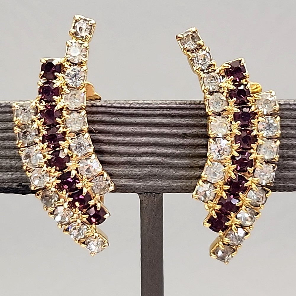 Vintage Rhinestone Clip On Earrings Purple Clear Climber Gold Tone 1 3/8″