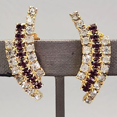 Vintage Rhinestone Clip On Earrings Purple Clear Climber Gold Tone 1 3/8″