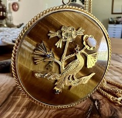Vintage Double Sided Tiger’s Eye Gemstone Pendant With A Peacock On The Front
