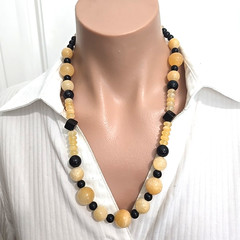 Vintage Black Onyx Yellow Quartz Beads Necklace 22″ L