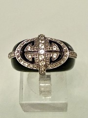 VINTAGE SOLID BLACK ONYX BAND W 925 SS ART DECO CZ DESIGN RING SZ 7