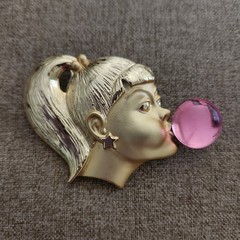 Vintage AJC Gold-Tone Brooch Ponytail Girl Blowing a Pink Bubble RARE