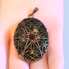 SALE Vintage Gothic Locket Pendant Red Glass Stone Spiderweb Filigree Starburst