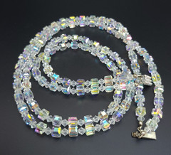 Vintage Aurora Borealis Crystal Glass Bead Necklace Double Strand 24″