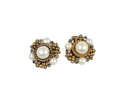 Vintage Strung Faux Pearl, Rhinestone Rondell and Gold Bead Cluster Clips