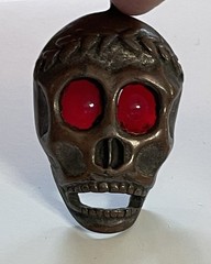 Unusual Vintage SKULL Pendant w Red Gem Eyes Copper?