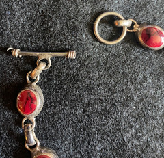 Vintage Sterling Silver Red Jasper Marble Link Bracelet Toggle Clasp 7 1/4″