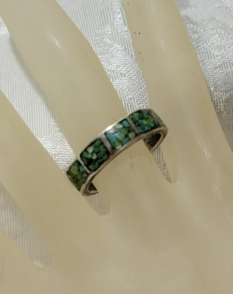 VERY OLD PAWN STABILIZED TURQUOISE SECTION DESIGNED 925 SILVER BAND RING SIZE 10