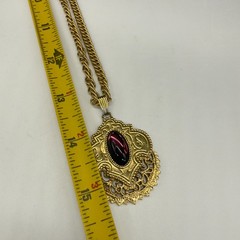 Vintage 1928 Necklace Gold Tone Filigree Pendant Purple Acrylic Center 28″