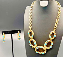 RJ Graziano Vintage Turquoise Blue Topaz Crystal Gold Tone Necklace Hoop Earring