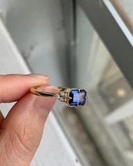 Art Deco Emerald Cut Sapphire & Lab Created Diamond Wedding 14K Gold Finish Ring
