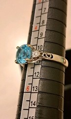 Petite 14k Solid White Gold Natural Blue Topaz and Diamond Ring Size 5