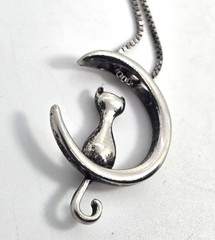 Crescent moon sitting kitty cat celestial sterling silver retro necklace