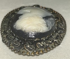 Vintage Cameo Brooch Black & White Lady Filigree Frame 2.75” Statement 1960 Gold