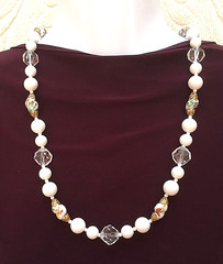 Art Glass & White Plastic Bead Necklace 30″ Vintage Statement Glam Jewelry