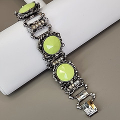 Vintage Bracelet Lime Green Round Bead Faux Pearl Silver Tone Book Chain 6″