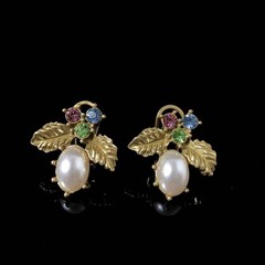Vintage Floral Pearl Necklace Earrings Set French Estate Garden Jewelry Gold