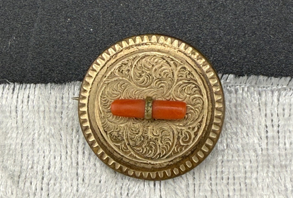 Vintage Victorian Engraved Brooch Pin Gold Filled Coral Branch Gold Tone
