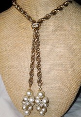 Vintage 1960’s Lariat Tassel Faux Pearl Necklace Gold Plated Heavy Chain MCM