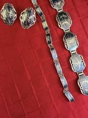 Vtg Siam Sterling Niello 2 Bracelets Earrings Set Black Silver Thailand