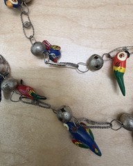 Vtg Mexican 2 Strand Wedding Chain 30” Silver Ball Hand Painted Bird Necklace