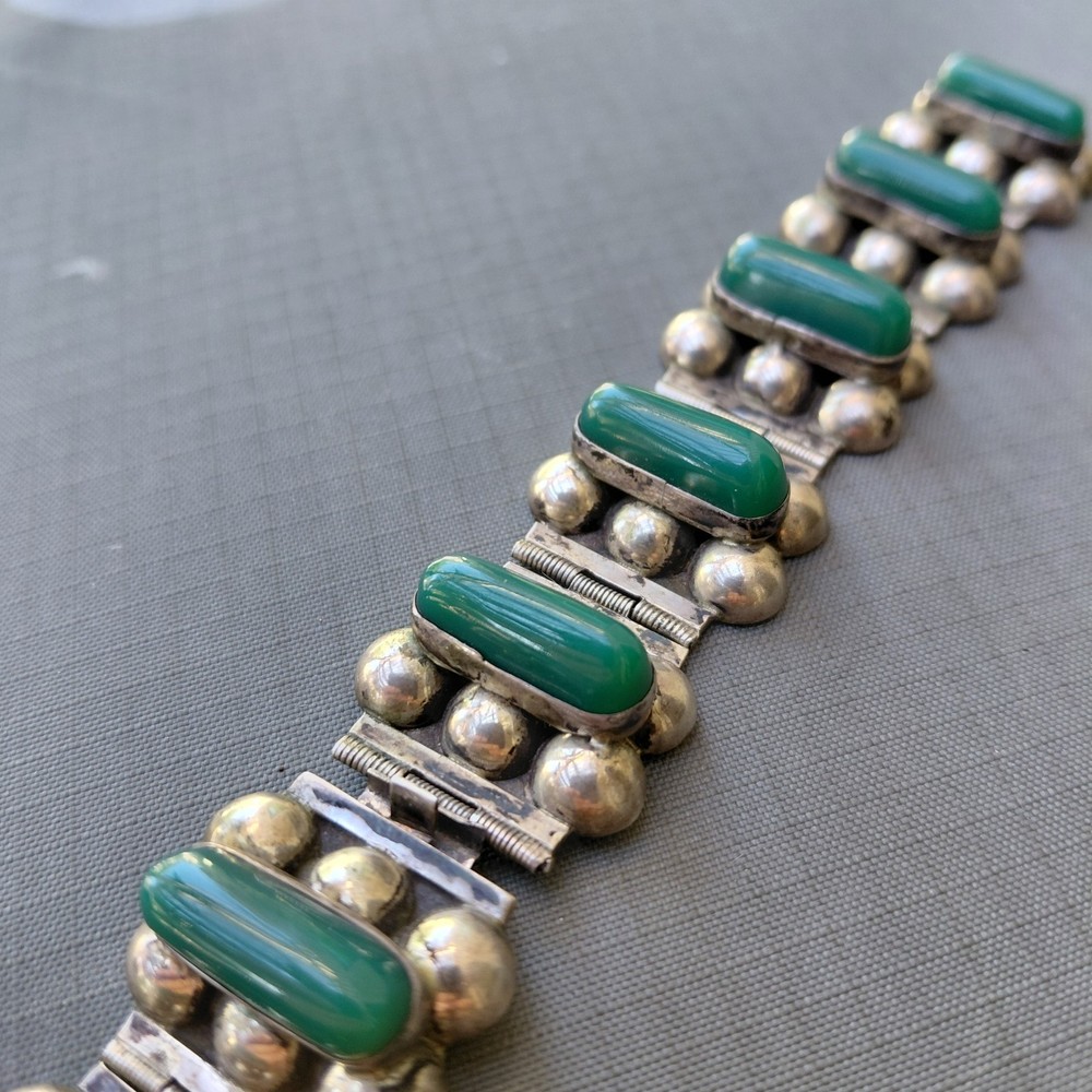 Vintage Antique Mexican Silver w/ Green Onyx Bracelet needs repair 1930s