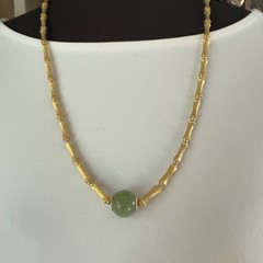 24 Inch Bamboo Link Necklace w/ Sterling Clasp & Faux Green Bead – 41.3g