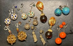 Lot of 8 pair VTG earrings, various colors, globe & tassel, screwback or clip-on