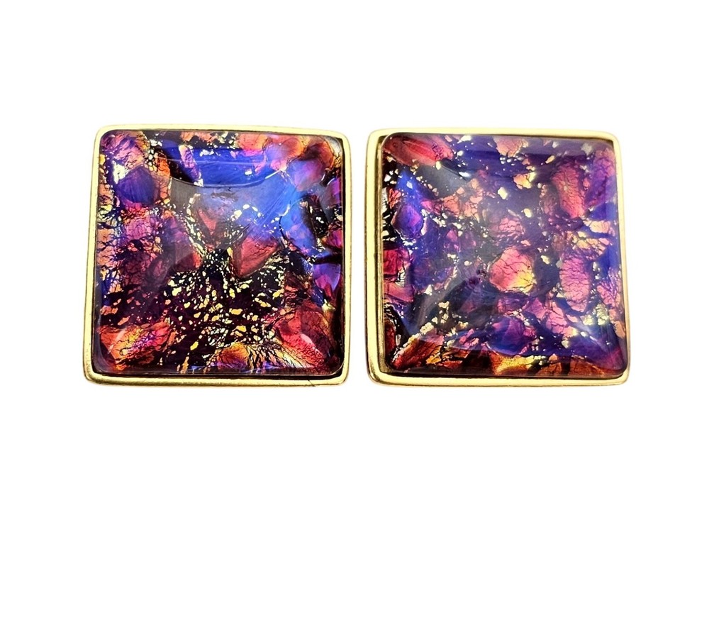 Yves Saint Laurent Purple Pink Foil Art Glass Square Clip On Earrings J672