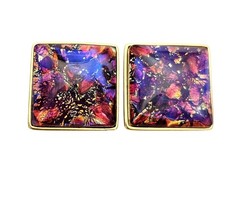 Yves Saint Laurent Purple Pink Foil Art Glass Square Clip On Earrings J672