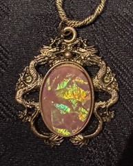 Vintage Faux Pink Opal Dragon Frame Gold Tone Pendant Necklace