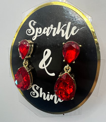 Vintage Red Rhinestone Teardrop Dangle Earrings 1.5″ NOS Gold Drop Post Bold New