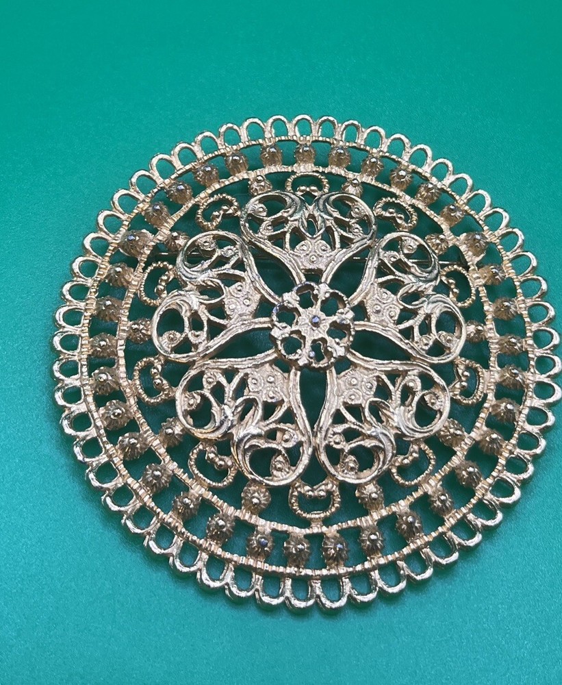 Vintage 1960’s Round Reticulated Domed Russian Gold Tone Runway Statement Pin 3″