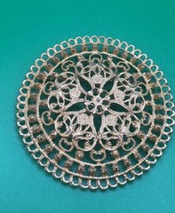 Vintage 1960’s Round Reticulated Domed Russian Gold Tone Runway Statement Pin 3″