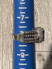 Sz 8 Cushion Cut 925 Ring Blue Topaz Color Stone Sterling Silver Filigree Signed