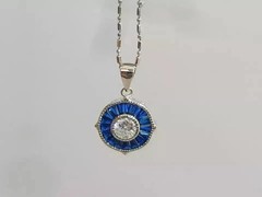 Art Deco Style Lab Created Diamond Sapphire Engagement 14K White Gold FN Pendant