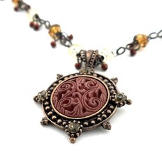 Vintage Style Copper Tone Carved Pendant Beaded Necklace Amber Red Crystals
