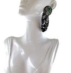 Vintage Peacock Abalone Shell Aurora Borealis Crystal French Jet Bead Earrings