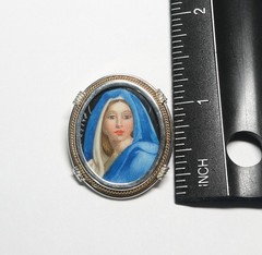 Vintage 800 Silver Hand-Painted Virgin Mary Devotional Brooch / Pendant 31x21mm