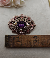 Vintage Victorian Style Oval Rose Seed Bead Purple Gemstone Brooch Rhinestone