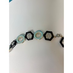 Vintage Geometric Black Gold Turquoise Hexagon Round Necklace 22″