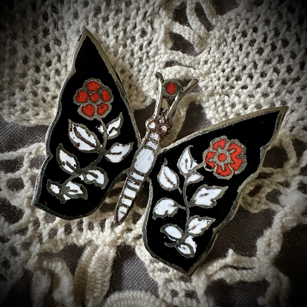 Vintage 70’s Enameled Butterfly Brooch/Pendant Floral Black White Red Fairycore